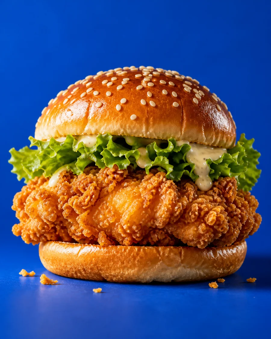 Crispy chicken burger photographed against a cobalt blue background