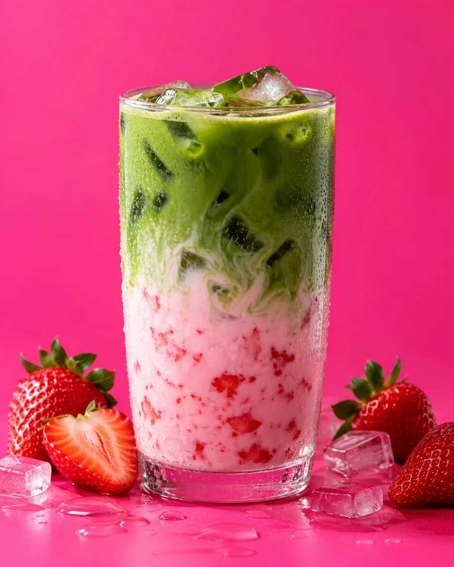 Iced strawberry matcha latte on a bright pink background