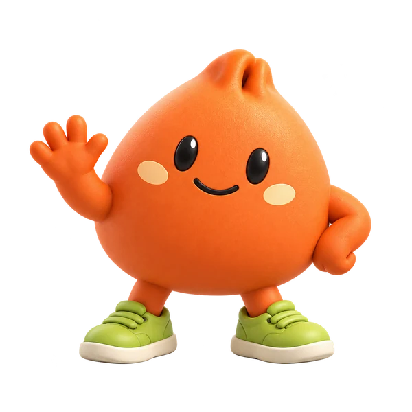 Munch, our orange dumpling mascot, waving hello